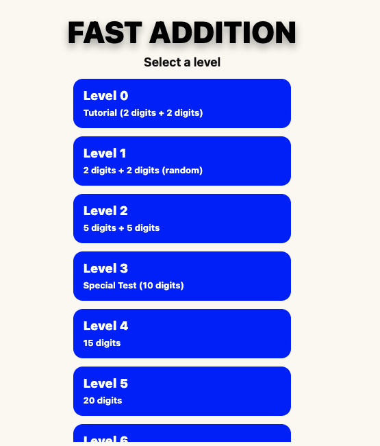 Early level select screen with a stack of plain blue level buttons