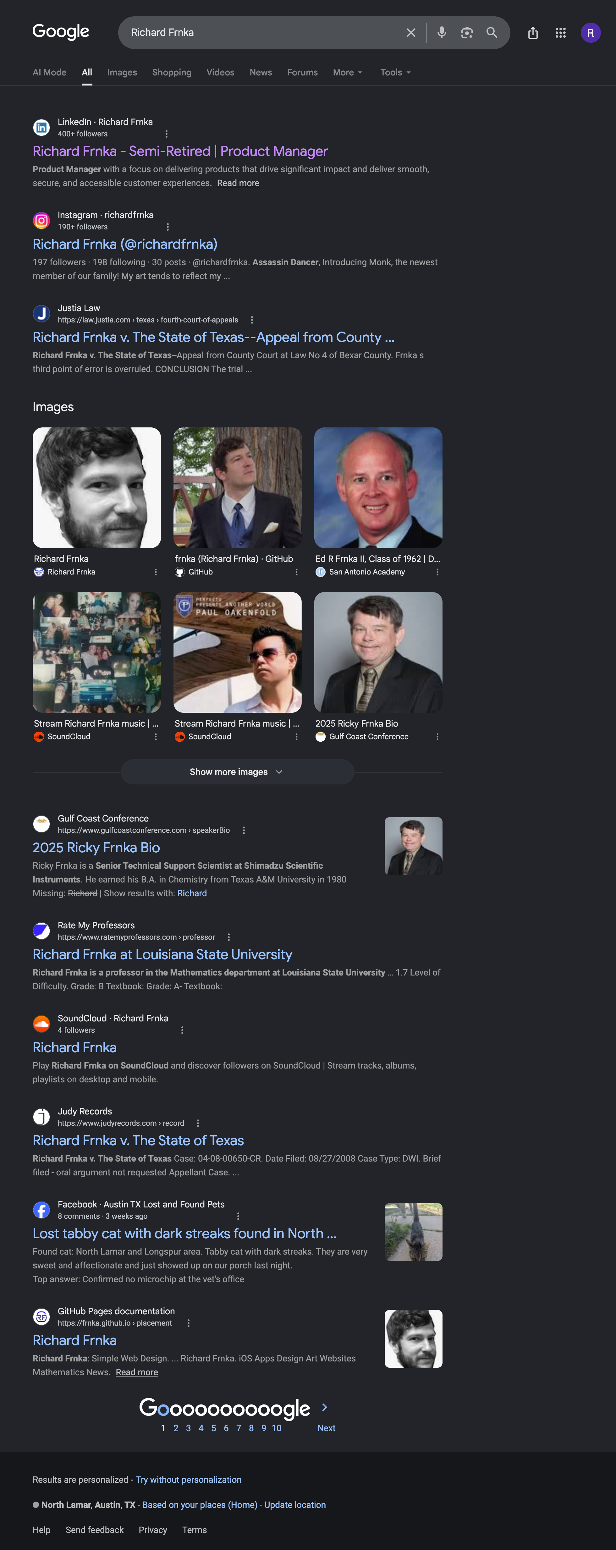 Google search results for “Richard Frnka,” showing a LinkedIn profile, a DUI court case involving a different Frnka, a Ricky Frnka bio, and other unrelated results