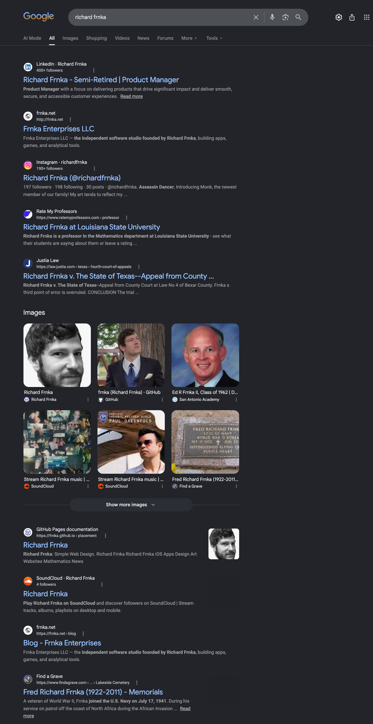 Google search results for “richard frnka,” showing frnka.net ranking second behind LinkedIn, with frnka.github.io and the frnka.net blog also appearing on the first page
